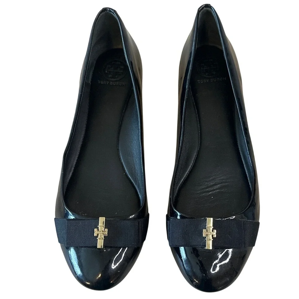 Tory Burch Trudy Patent Leather Ballet Flats Black Bow Logo Size 8.5